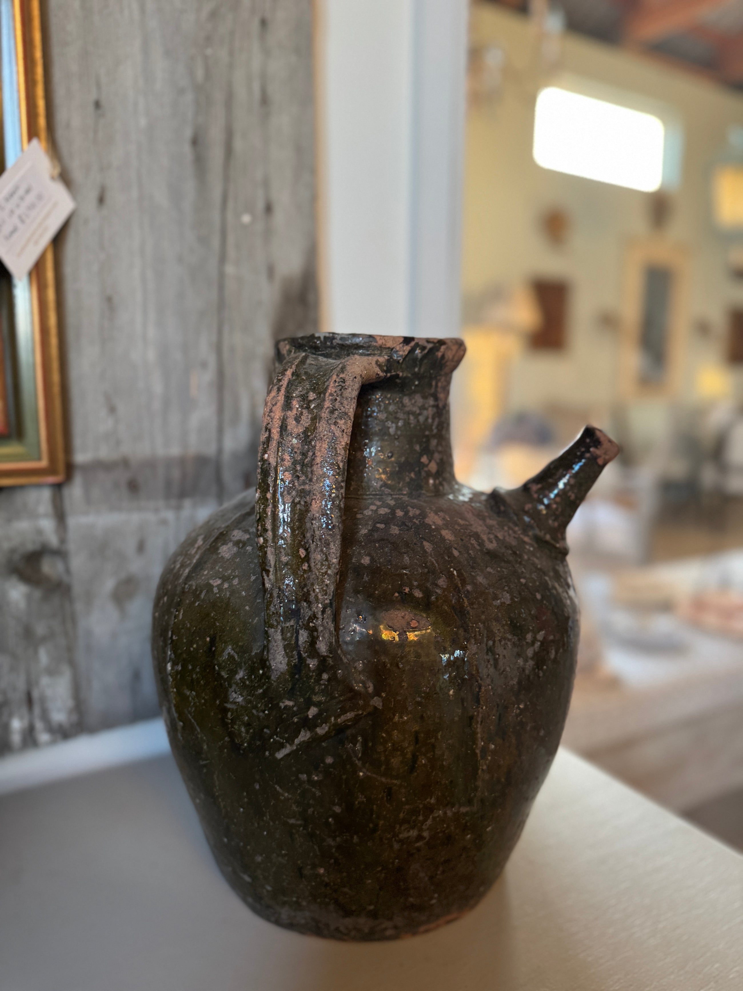 French Walnut Oil Jug 19th C in Deep Olive Green
