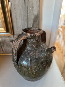 French Walnut Oil Jug 19th C in Deep Olive Green