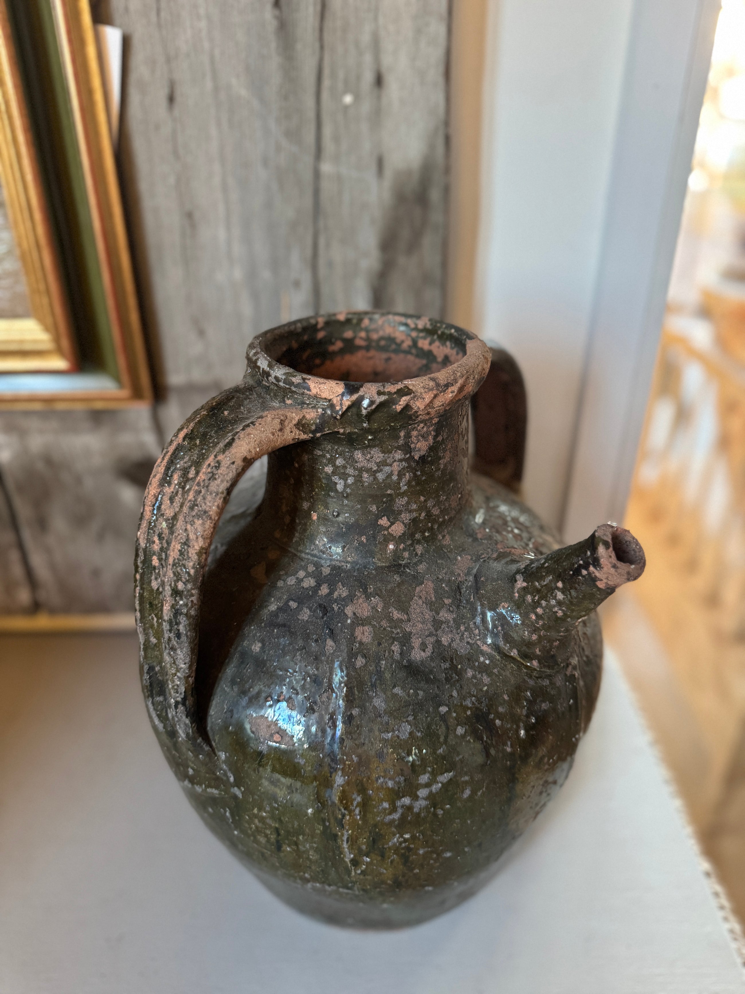 French Walnut Oil Jug 19th C in Deep Olive Green