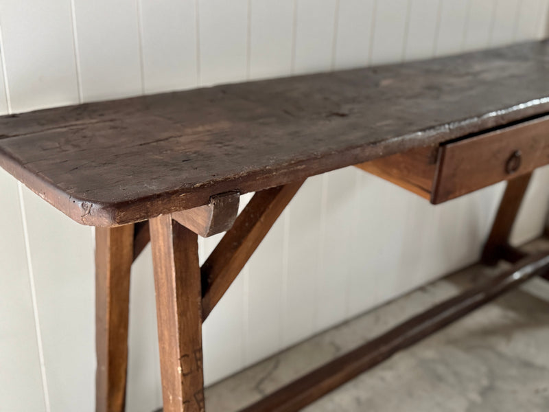 19th C. Italian Primitive Walnut Plank Work Table with Drawer