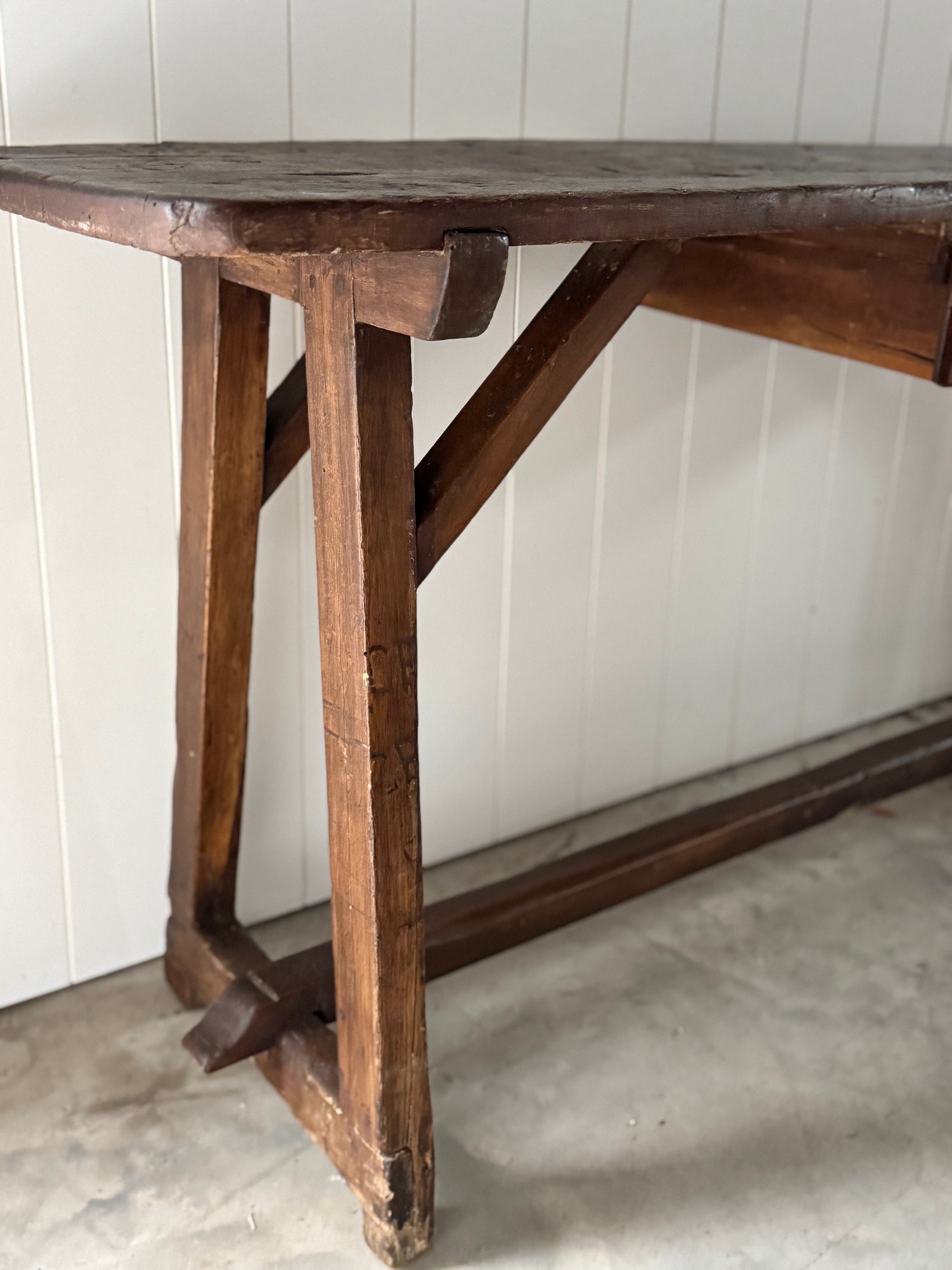 19th C. Italian Primitive Walnut Plank Work Table with Drawer