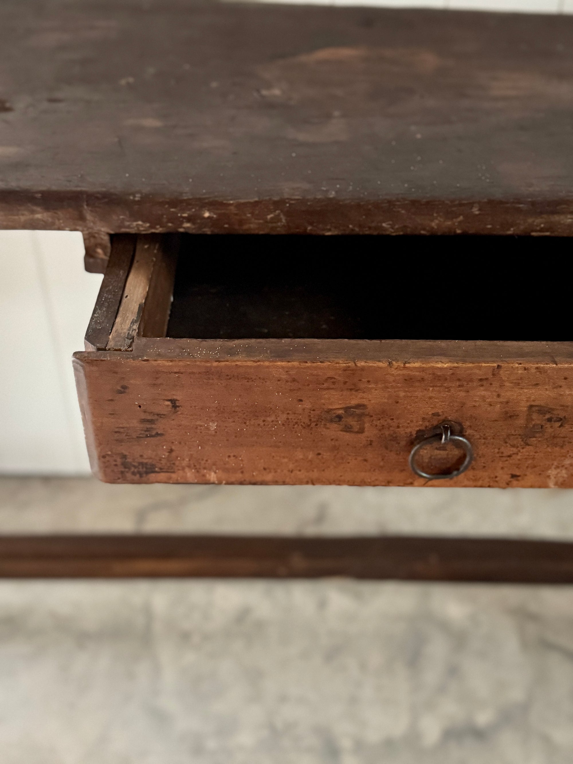 19th C. Italian Primitive Walnut Plank Work Table with Drawer