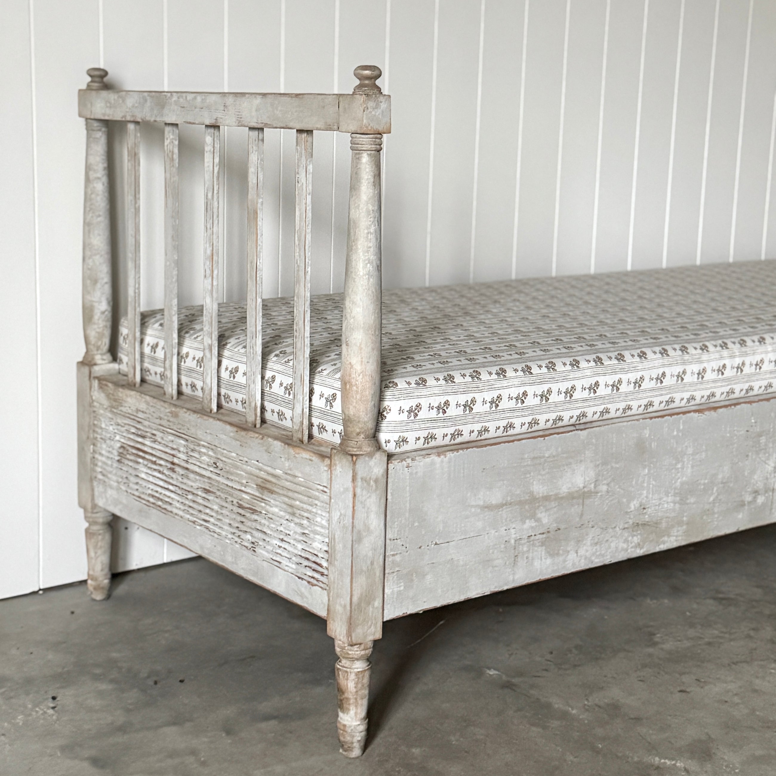 Antique Swedish Daybed with Fluted Apron and Schumacher Fabric 19th C