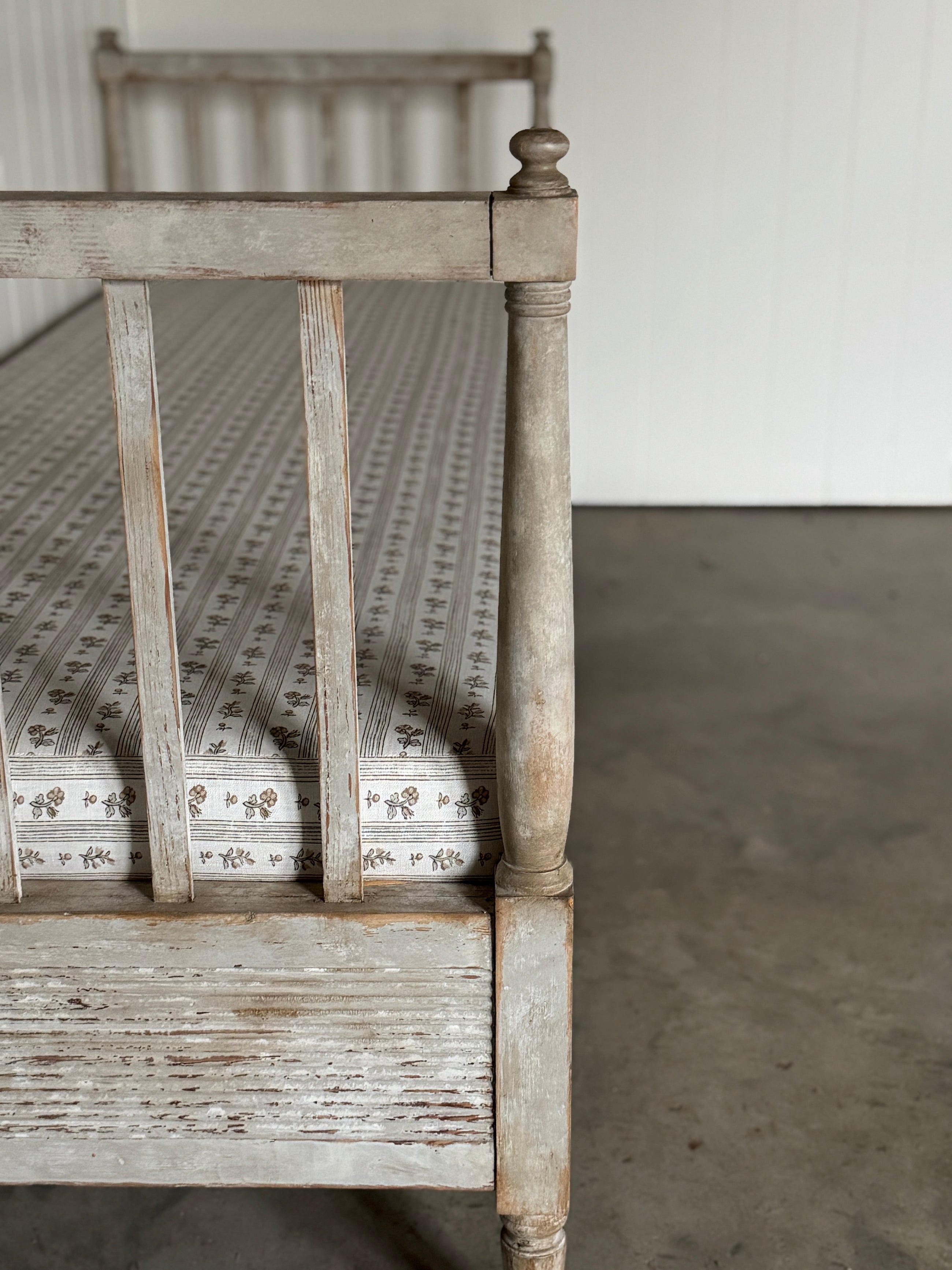 Antique Swedish Daybed with Fluted Apron and Schumacher Fabric 19th C