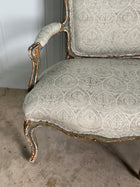 Antique Belgian Louis XV Settee Newly Upholstered in Block Print Linen