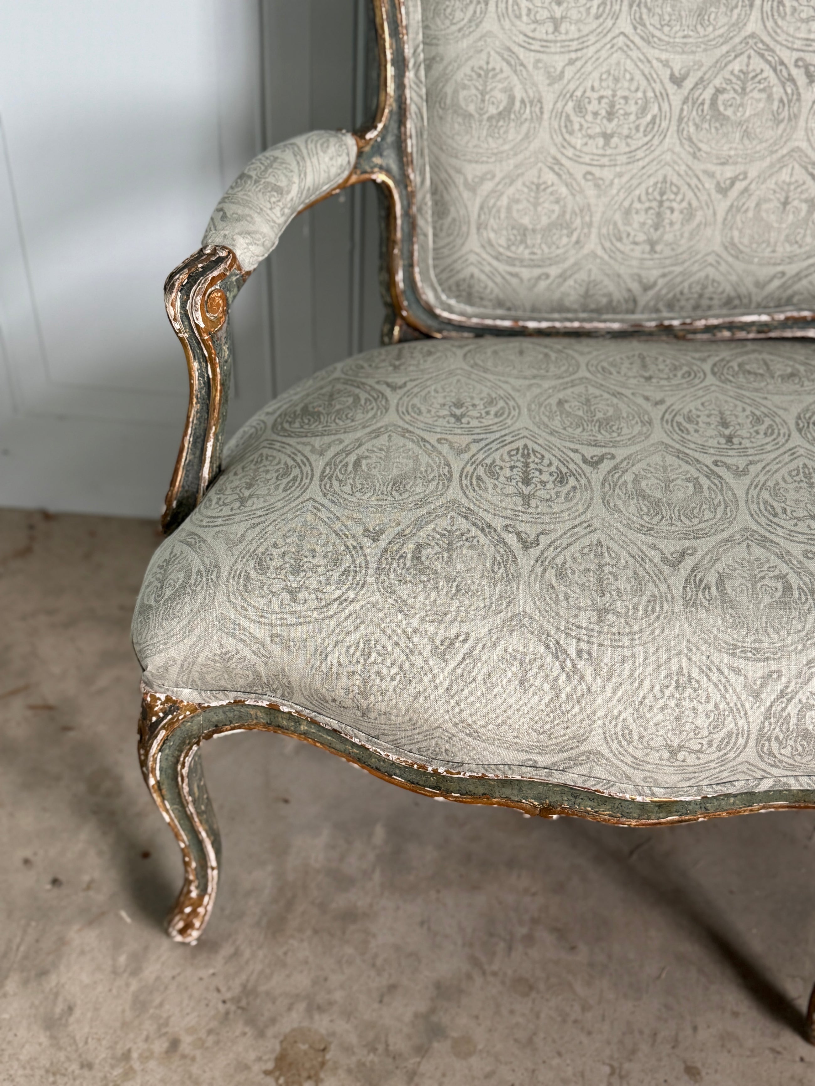 Antique Belgian Louis XV Settee Newly Upholstered in Block Print Linen
