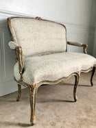 Antique Belgian Louis XV Settee Newly Upholstered in Block Print Linen