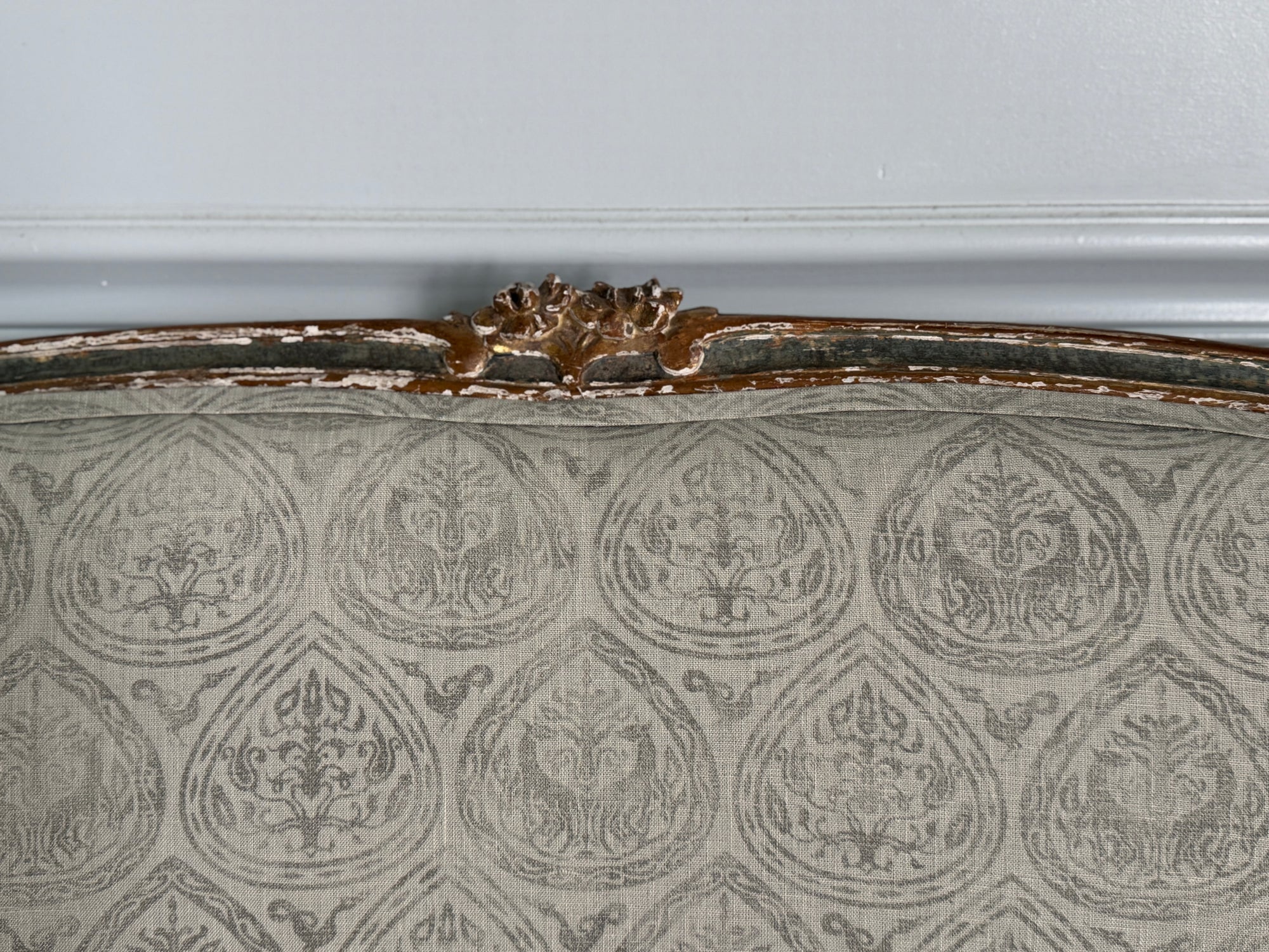 Antique Belgian Louis XV Settee Newly Upholstered in Block Print Linen