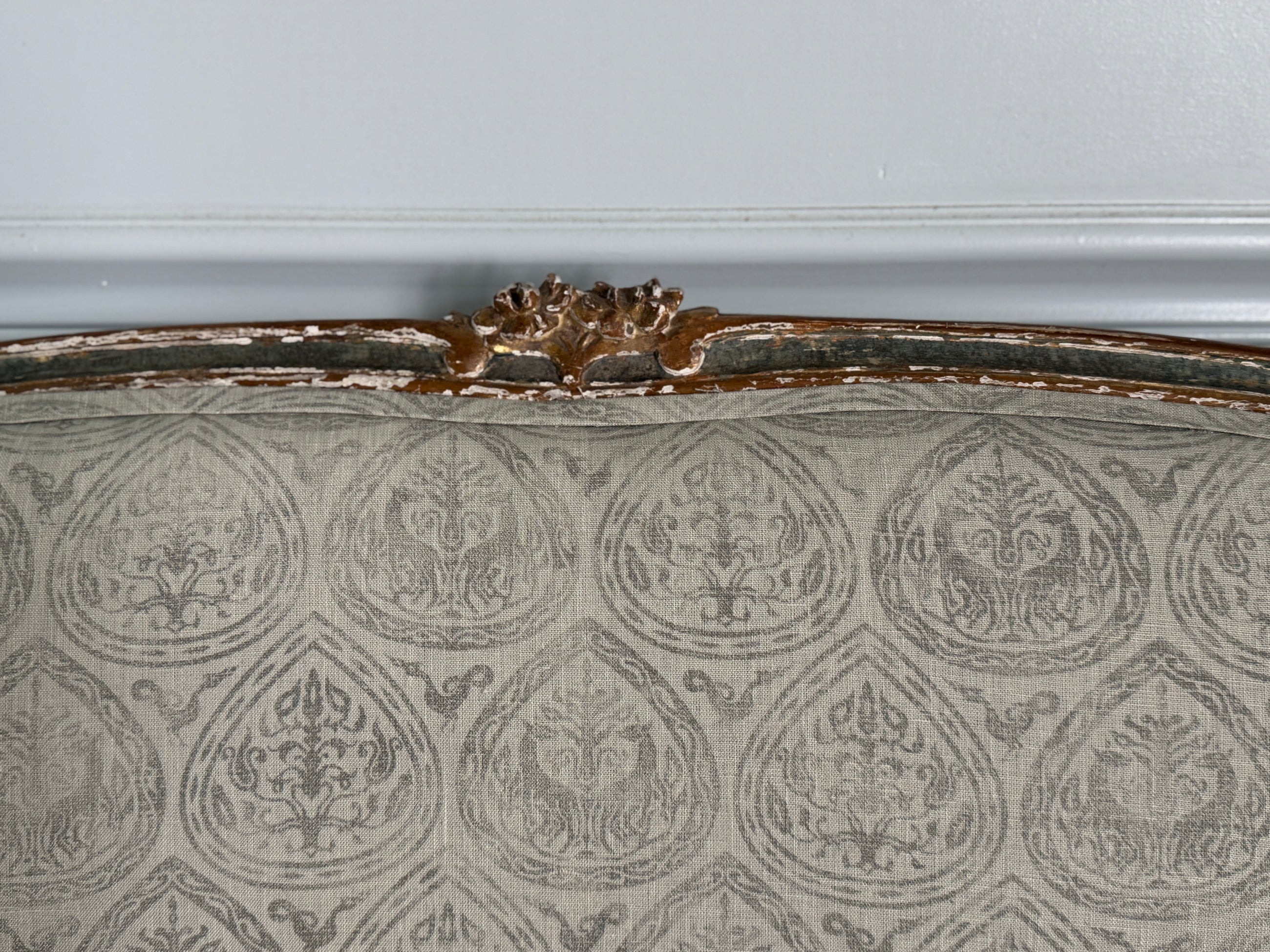 Antique Belgian Louis XV Settee Newly Upholstered in Block Print Linen