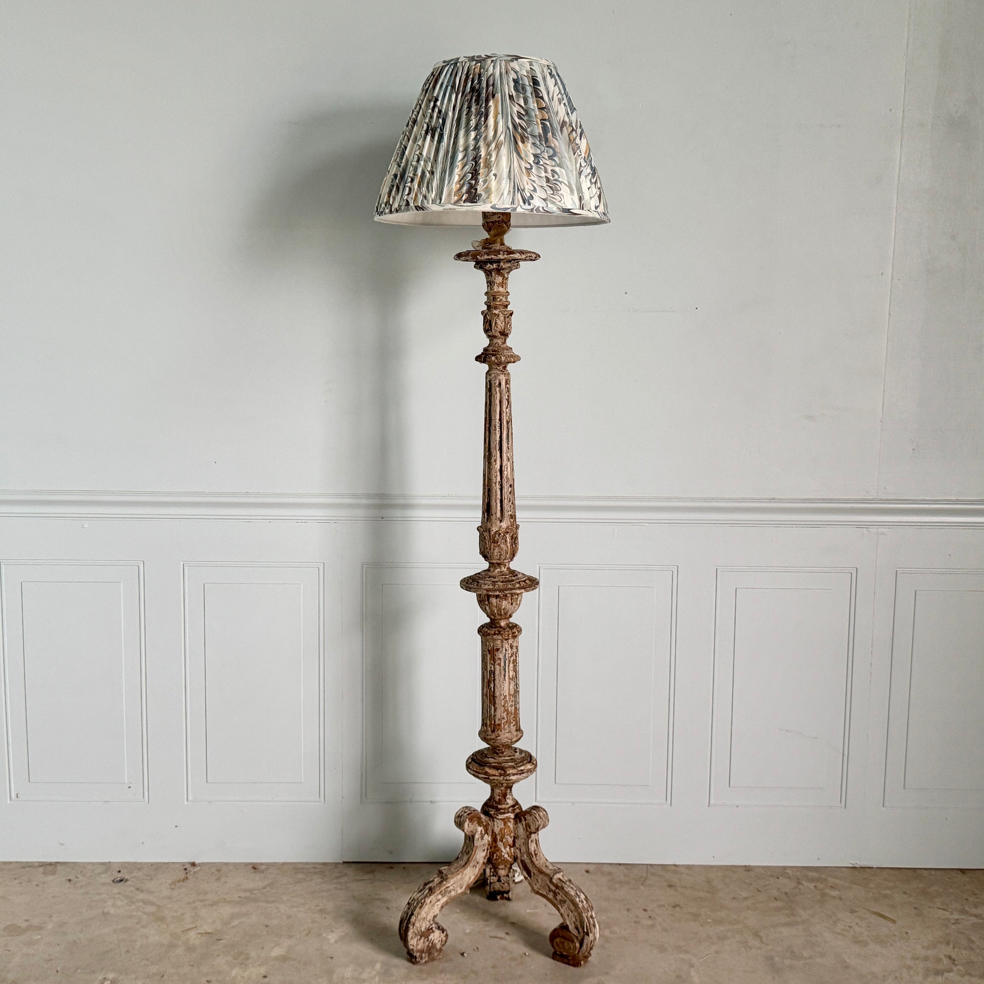 Spanish Heritage Candlestick Floor Lamp with Marbled Pleated Shade