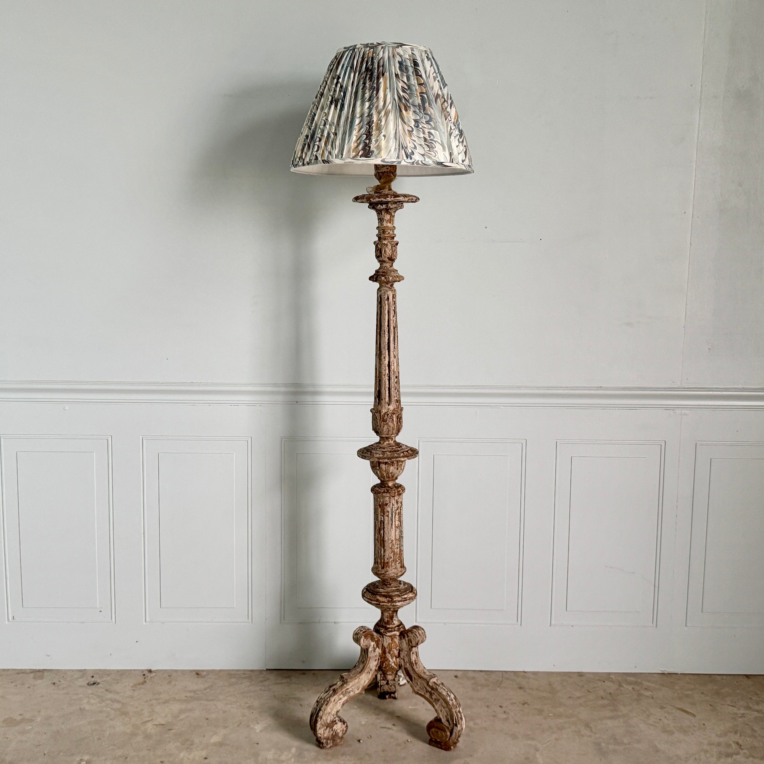 Spanish Heritage Candlestick Floor Lamp with Marbled Pleated Shade