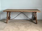 Antique Spanish Oak Trestle Table with Iron Stretcher Circa 1920