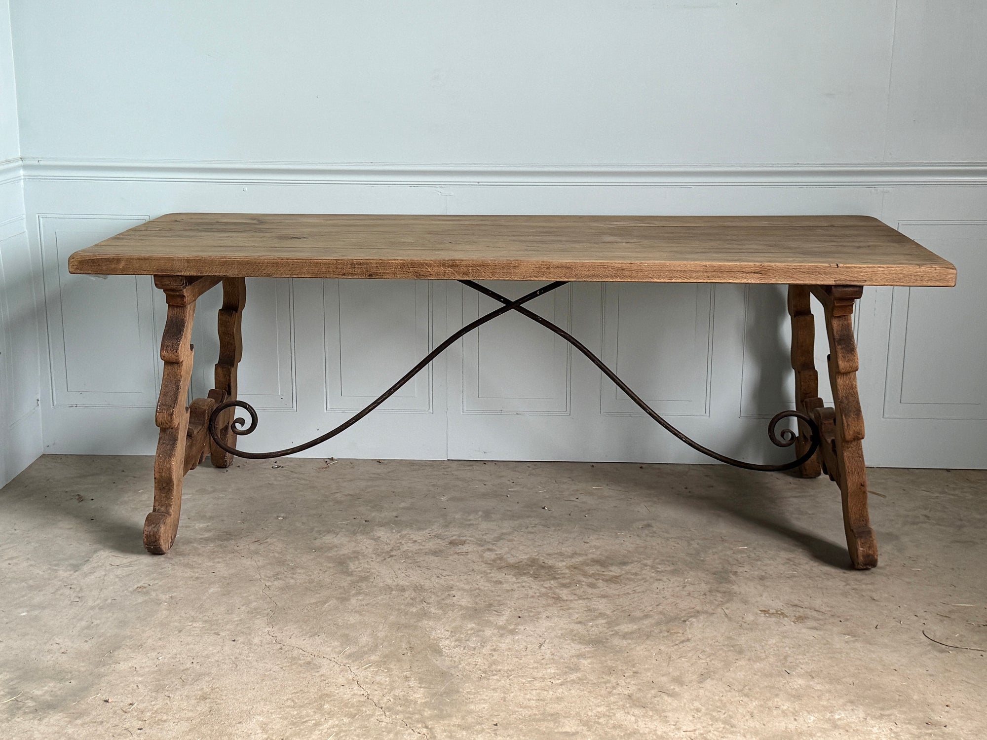 Antique Spanish Oak Trestle Table with Iron Stretcher Circa 1920