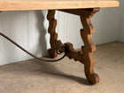 Antique Spanish Oak Trestle Table with Iron Stretcher Circa 1920