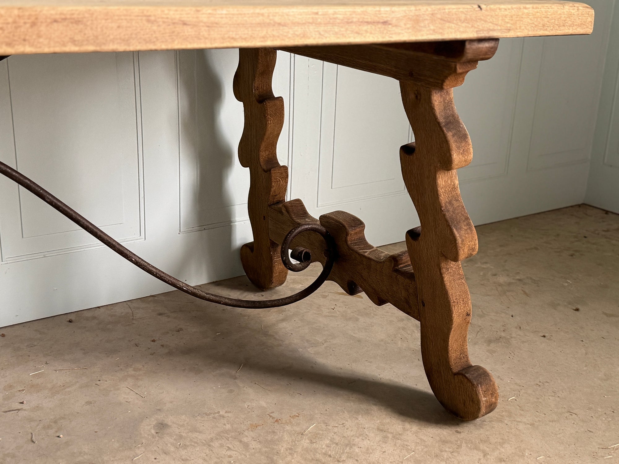 Antique Spanish Oak Trestle Table with Iron Stretcher Circa 1920