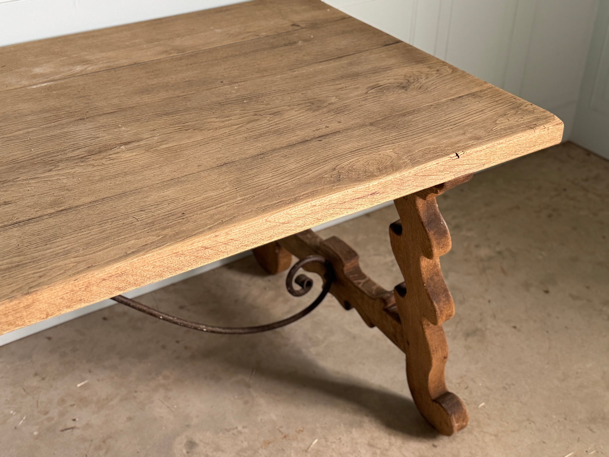 Antique Spanish Oak Trestle Table with Iron Stretcher Circa 1920