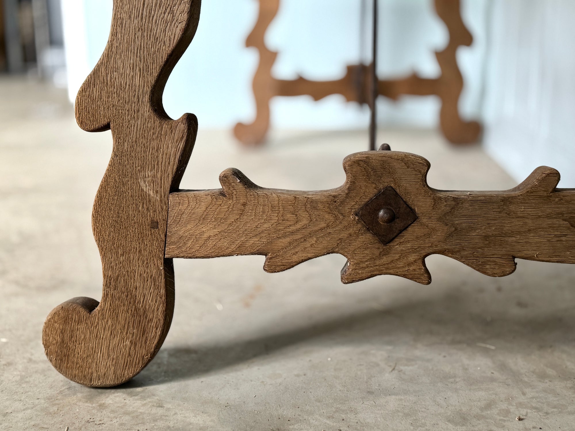 Antique Spanish Oak Trestle Table with Iron Stretcher Circa 1920