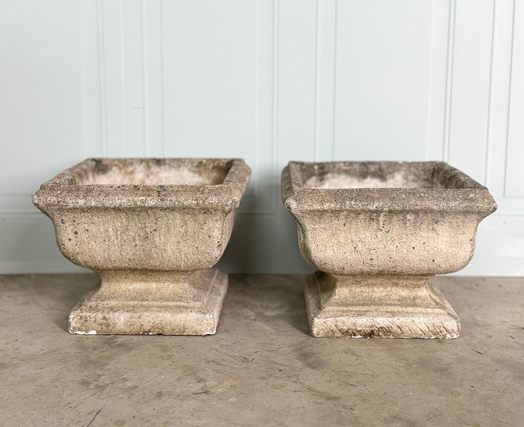 Beautifully Aged Pair of 20th C Concrete Planters