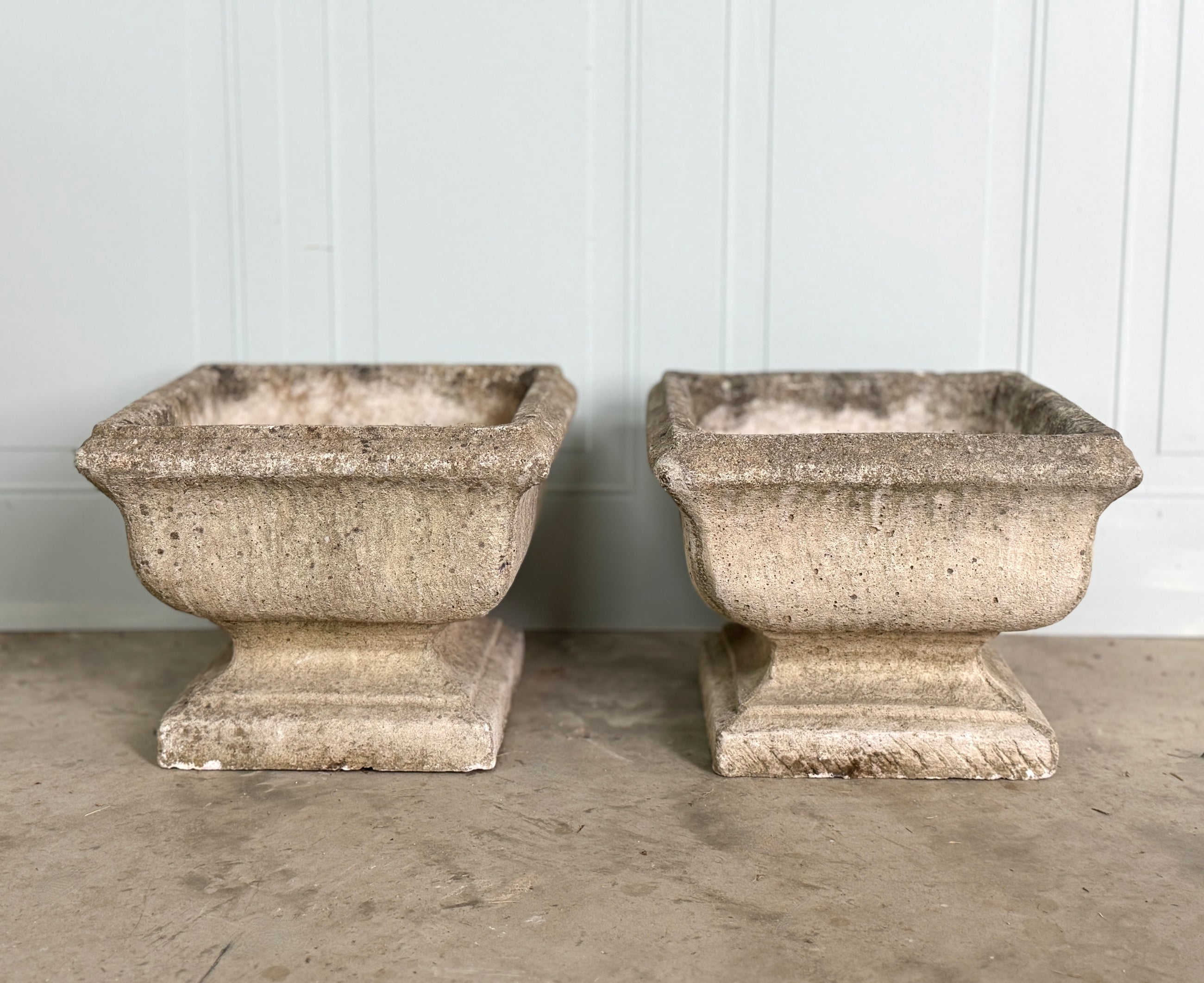 Beautifully Aged Pair of 20th C Concrete Planters