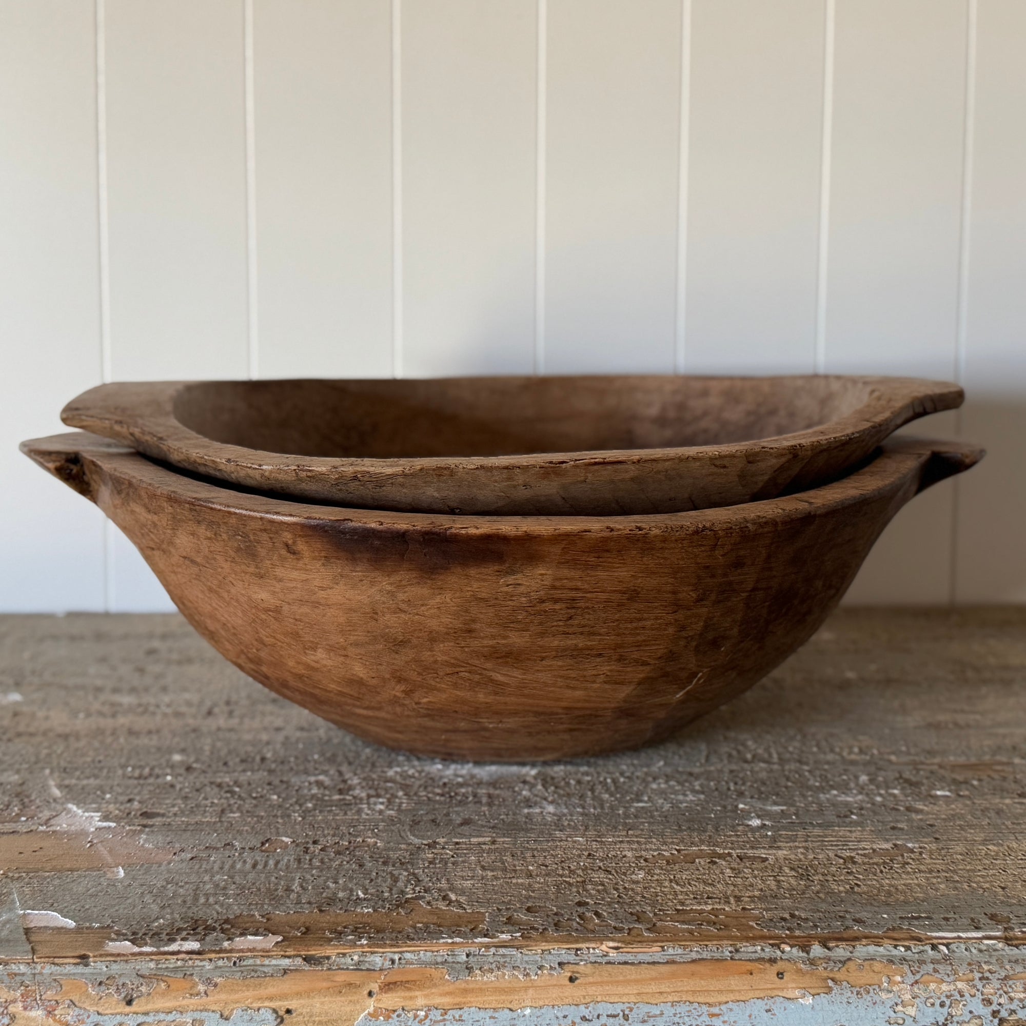 Antique French Wooden Dough Bowl with Handles