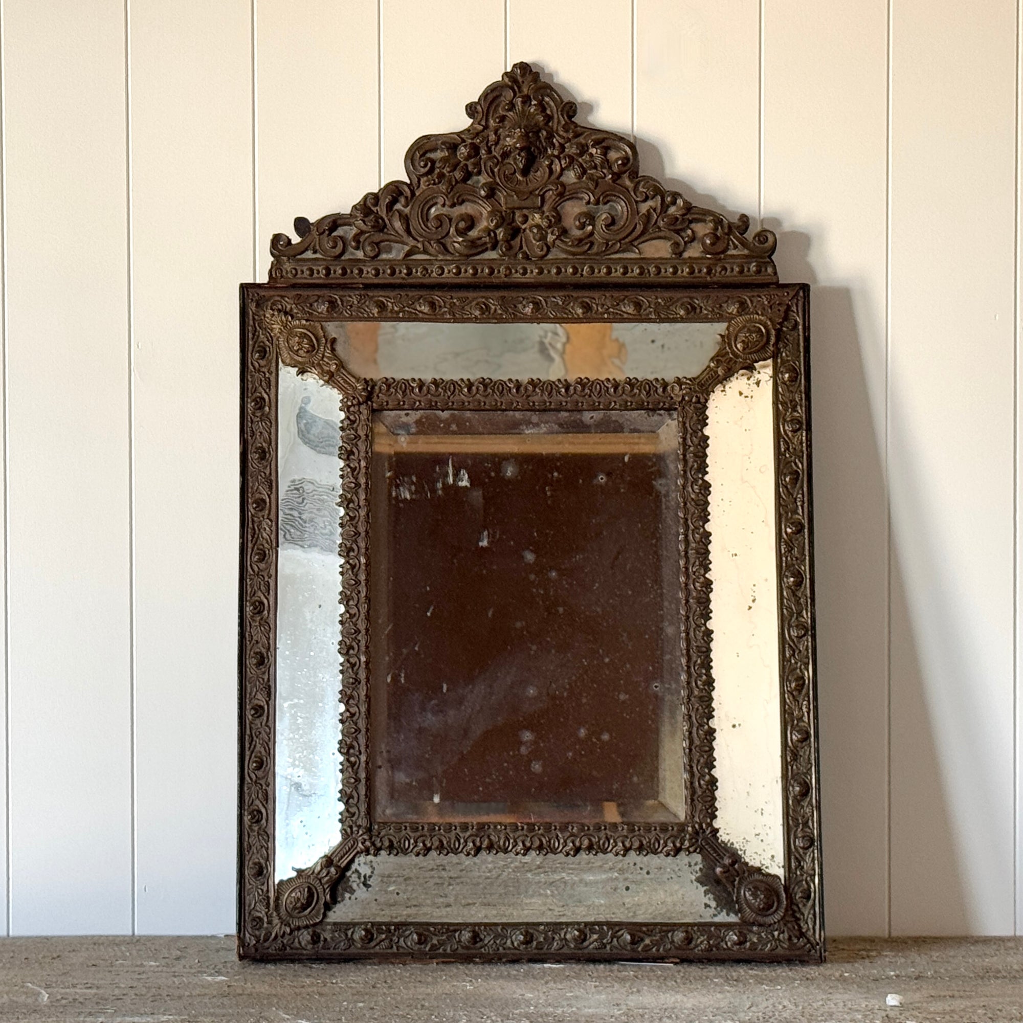 19th C Flemish Mirror with Ornate Crest and Original Glass