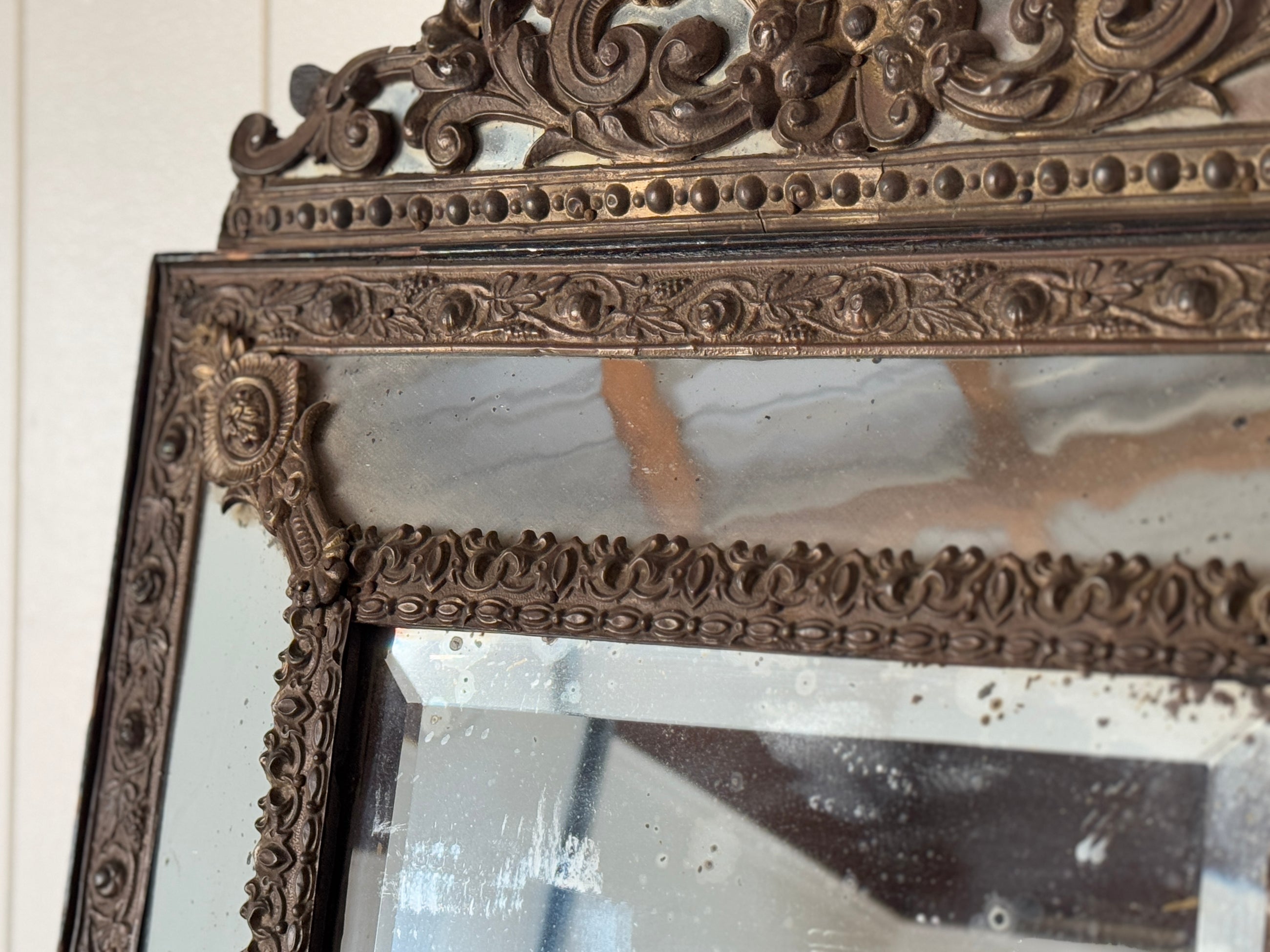 19th C Flemish Mirror with Ornate Crest and Original Glass