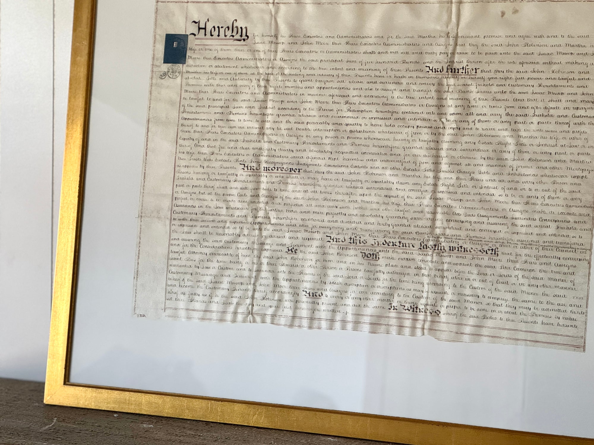 Framed Indenture Paper