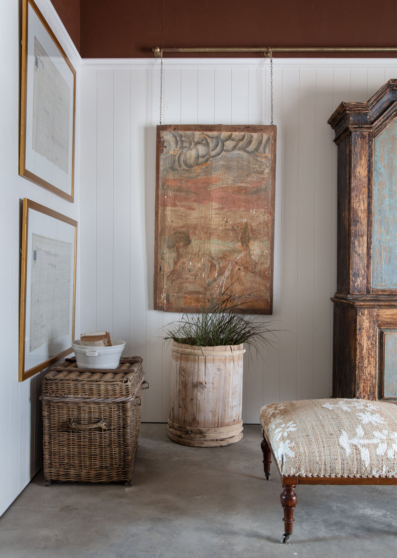 Antique Ottoman on Casters with Jute Upholstery