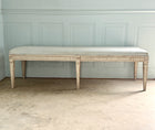 Swedish Gustavian Style Hand Carved Bench (c. 1880) in New Ticking Stripe Upholstery
