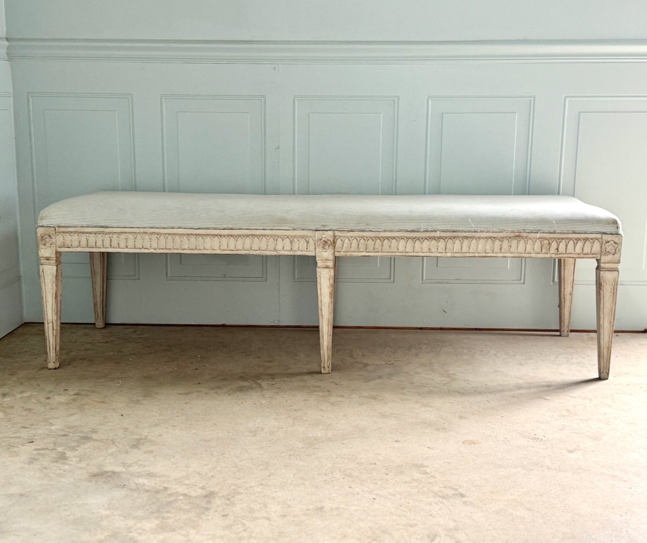 Swedish Gustavian Style Hand Carved Bench (c. 1880) in New Ticking Stripe Upholstery