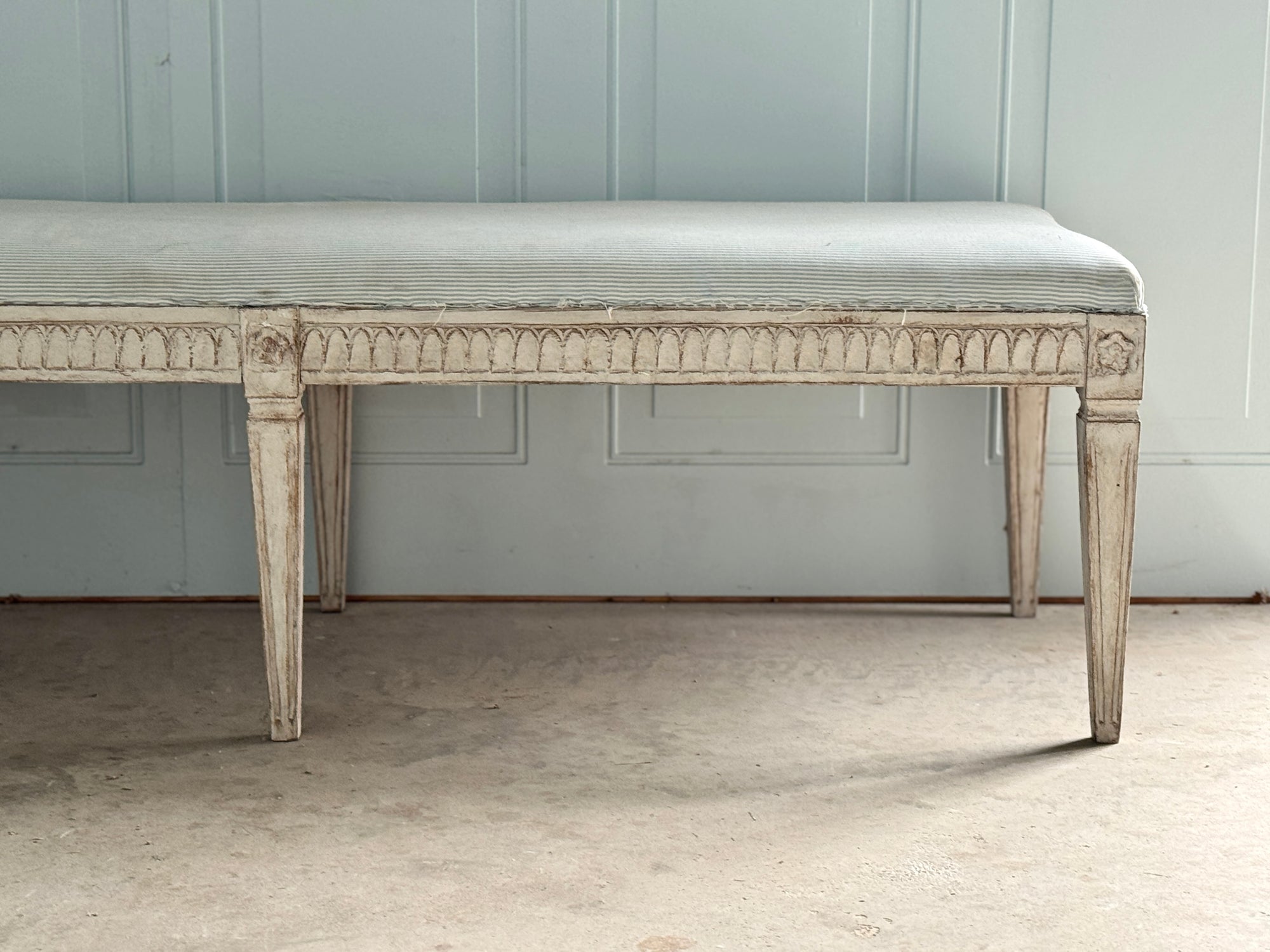 Swedish Gustavian Style Hand Carved Bench (c. 1880) in New Ticking Stripe Upholstery