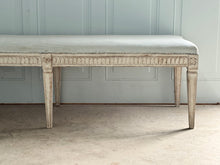 Swedish Gustavian Style Hand Carved Bench (c. 1880) in New Ticking Stripe Upholstery
