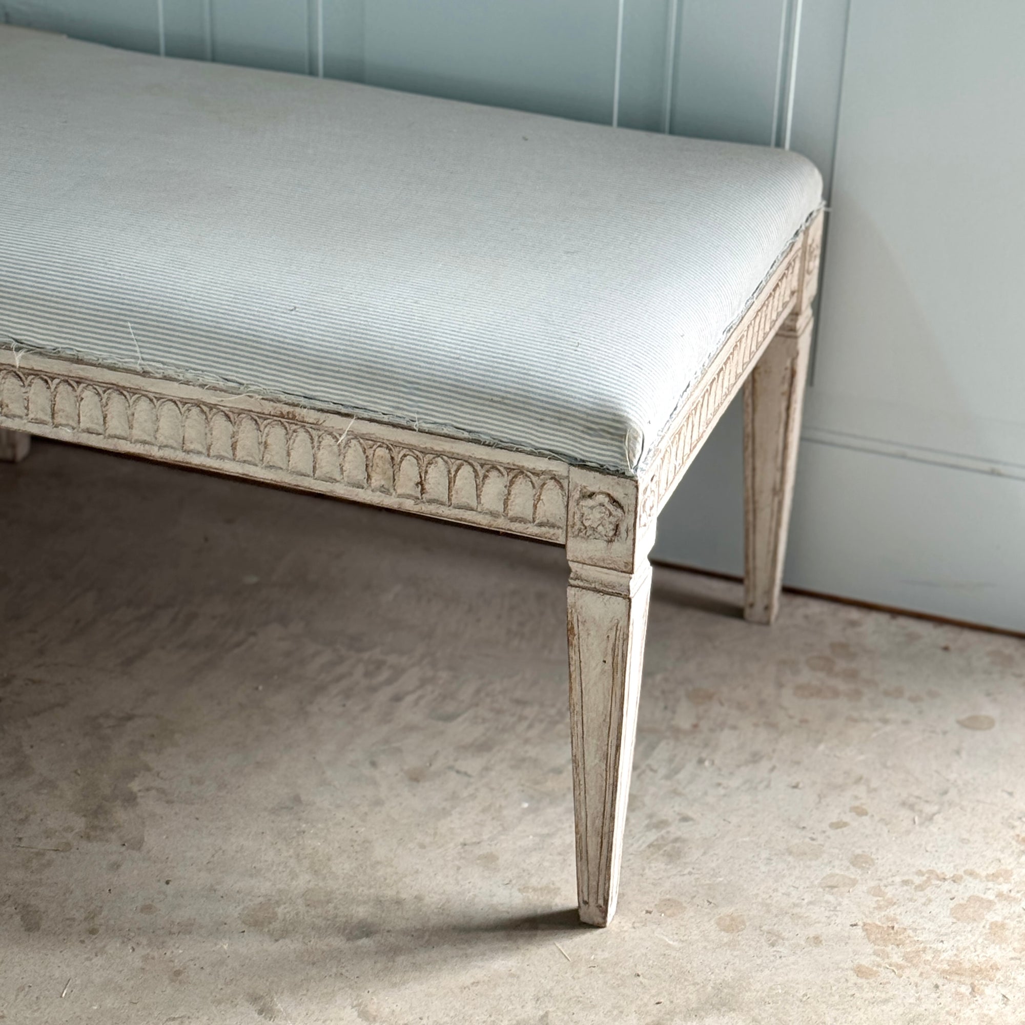 Swedish Gustavian Style Hand Carved Bench (c. 1880) in New Ticking Stripe Upholstery