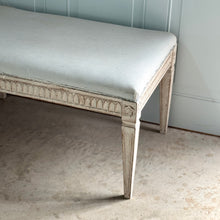 Swedish Gustavian Style Hand Carved Bench (c. 1880) in New Ticking Stripe Upholstery