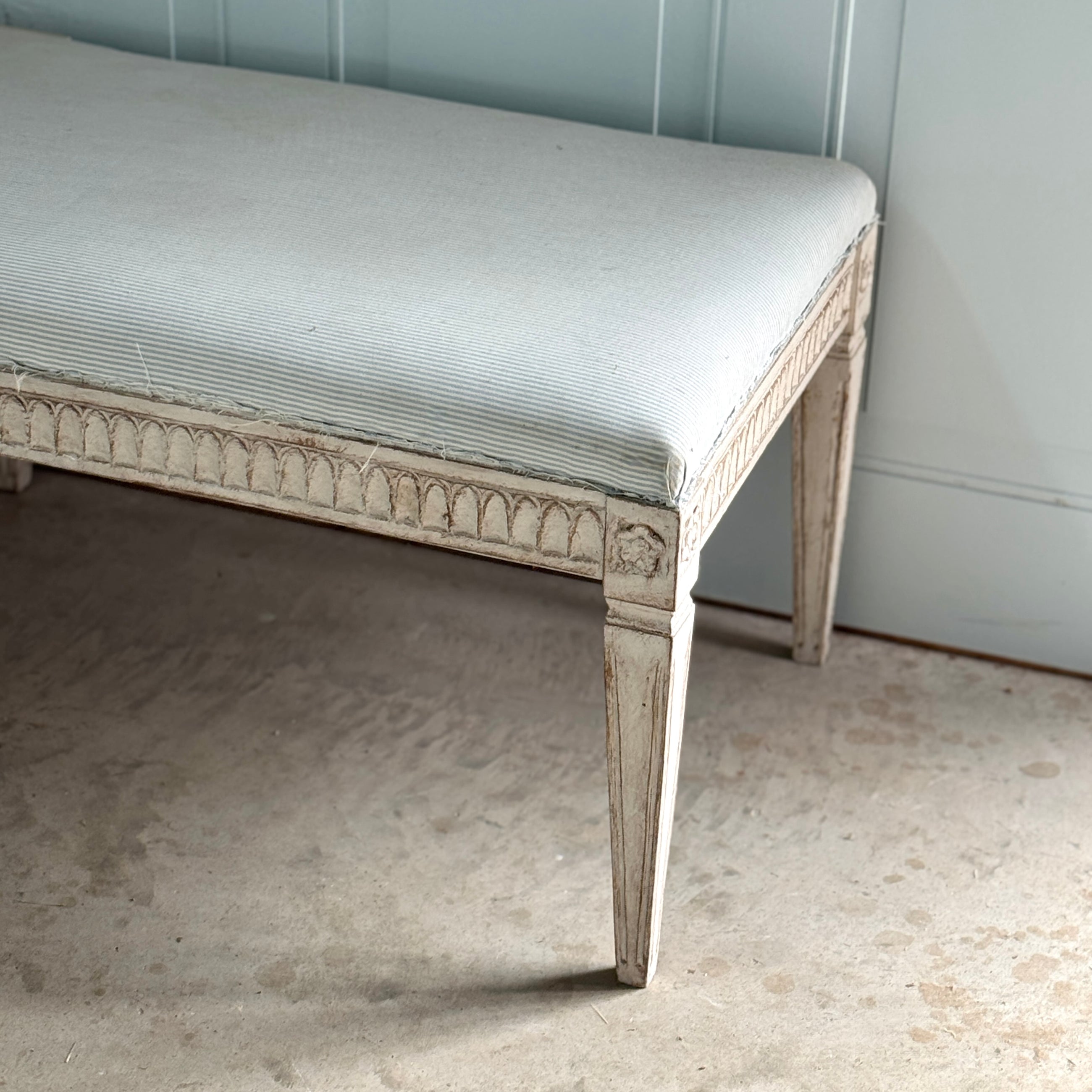 Swedish Gustavian Style Hand Carved Bench (c. 1880) in New Ticking Stripe Upholstery