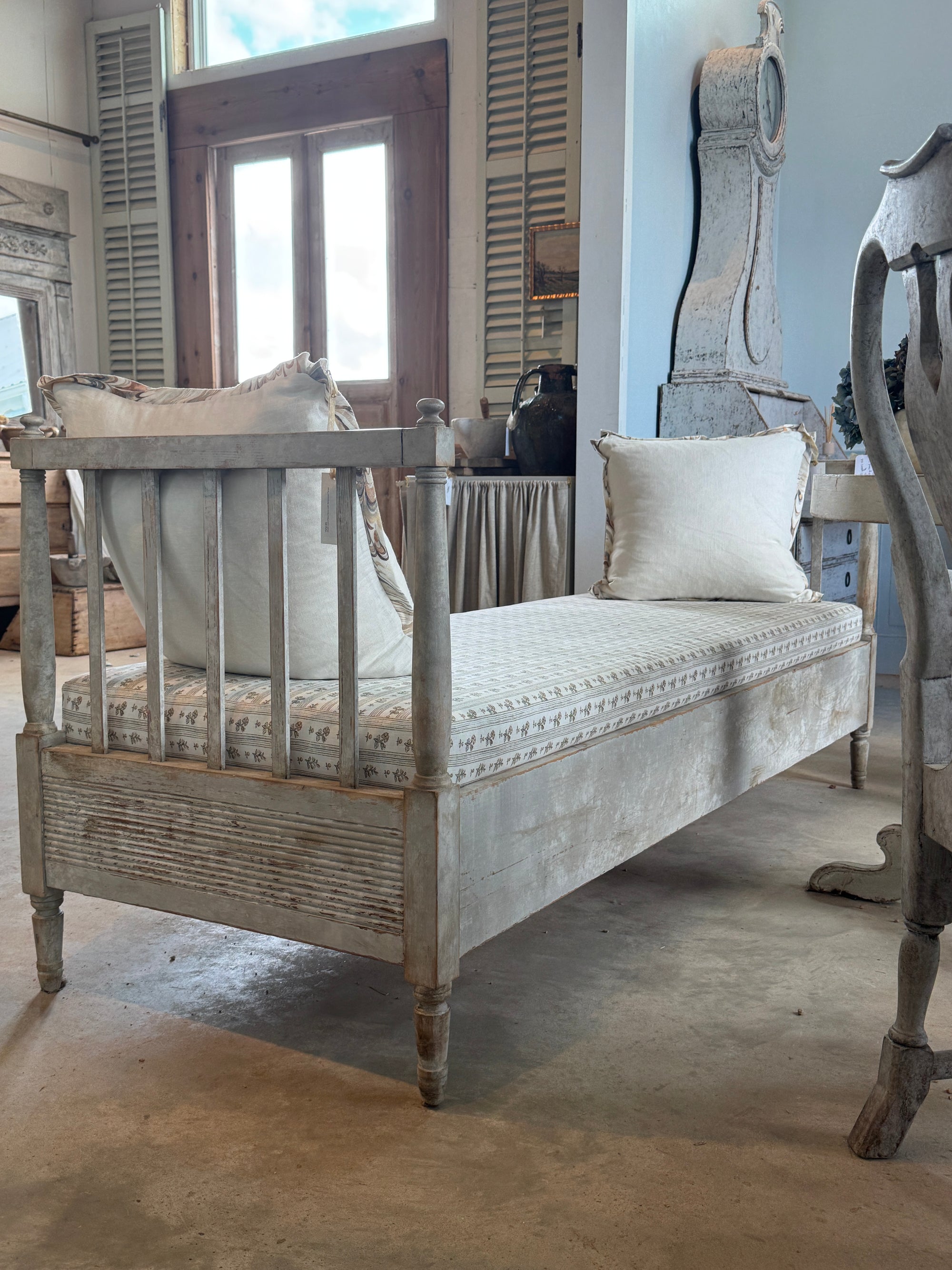 Antique Swedish Daybed with Fluted Apron and Schumacher Fabric 19th C