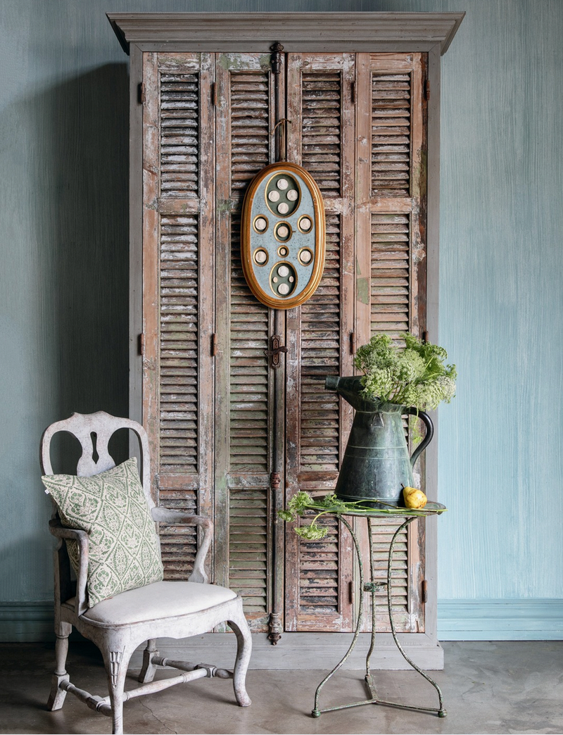 Antique French Shutters Newly Added to a Vintage Cabinet