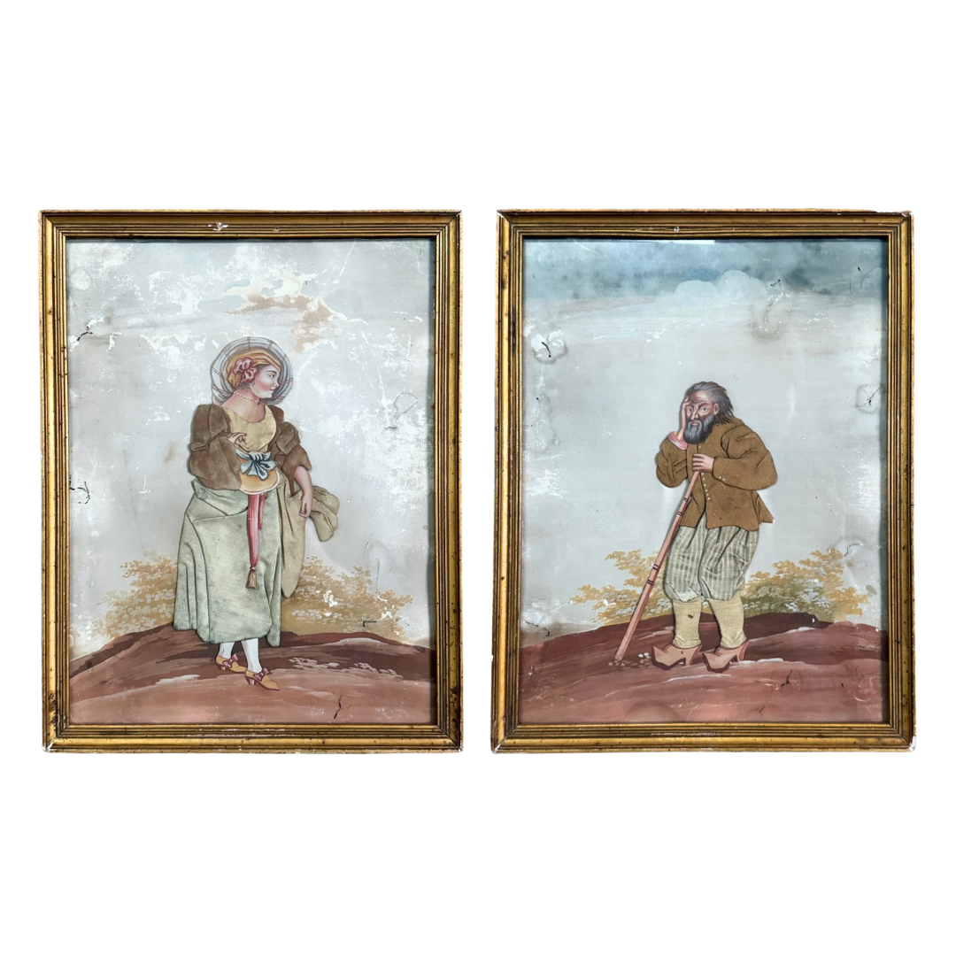 Pair of 18th-Century French Oil Paintings with Textile Appliqué Figures