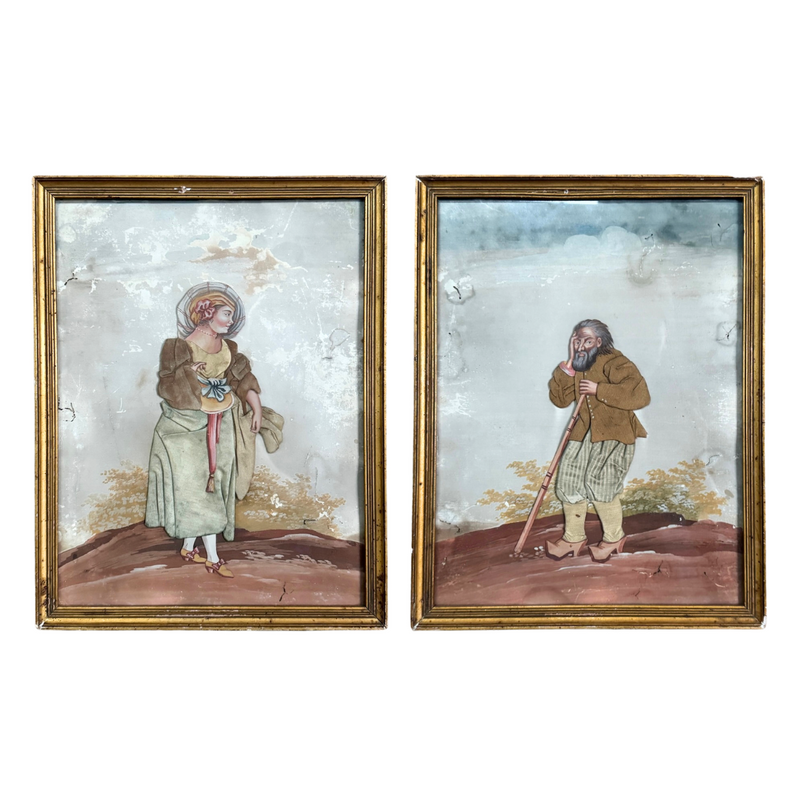 Pair of 18th-Century French Oil Paintings with Textile Appliqué Figures