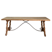 Antique Spanish Oak Trestle Table with Iron Stretcher Circa 1920