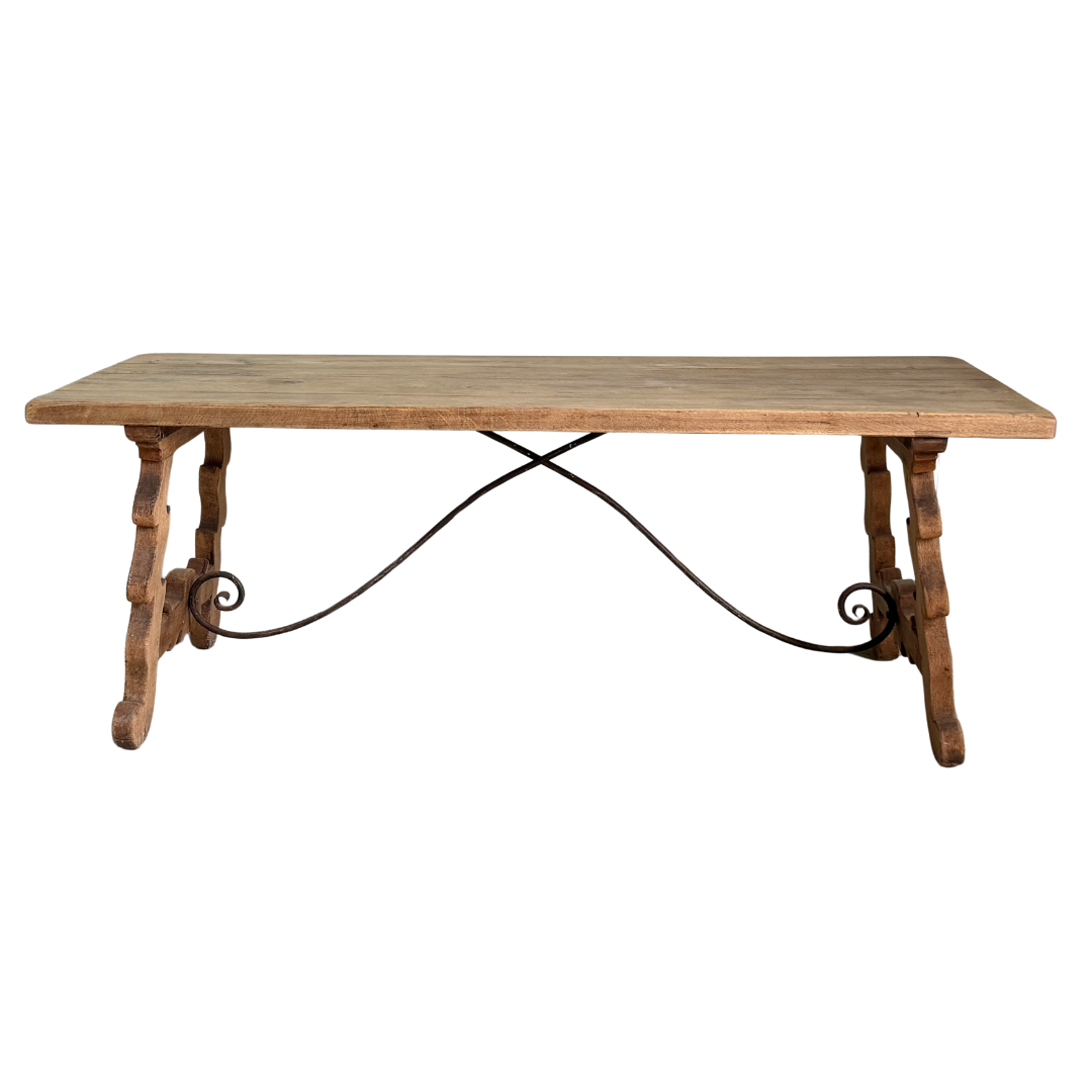 Antique Spanish Oak Trestle Table with Iron Stretcher Circa 1920