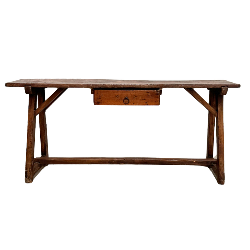 19th C. Italian Primitive Walnut Plank Work Table with Drawer