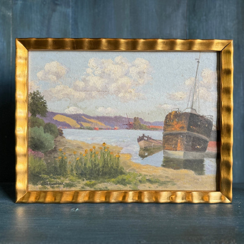 Antique Boat Landscape Painting 11"H x 14.25"W