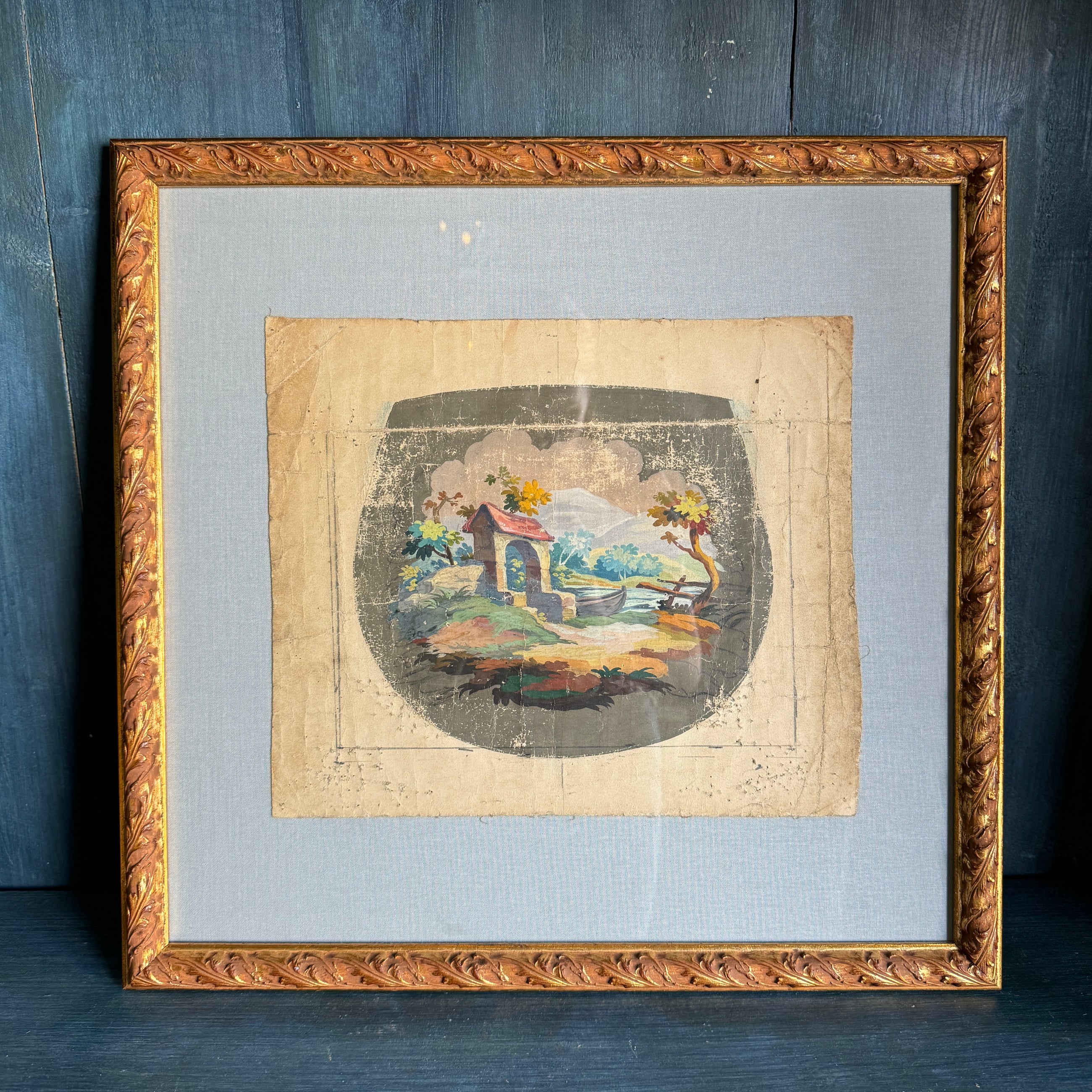 Framed 19th-Century Aubusson Cartoons on Pale Blue Linen Mat
