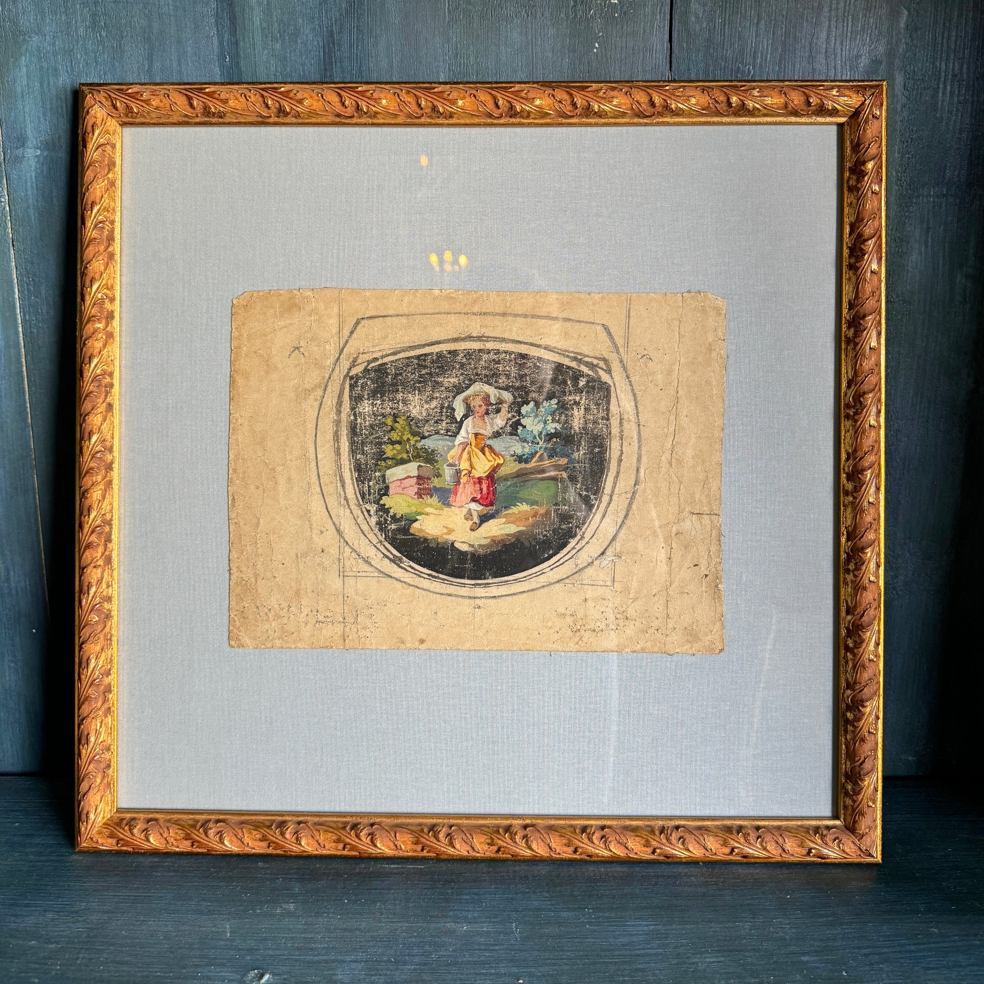 Framed 19th-Century Aubusson Cartoons on Pale Blue Linen Mat
