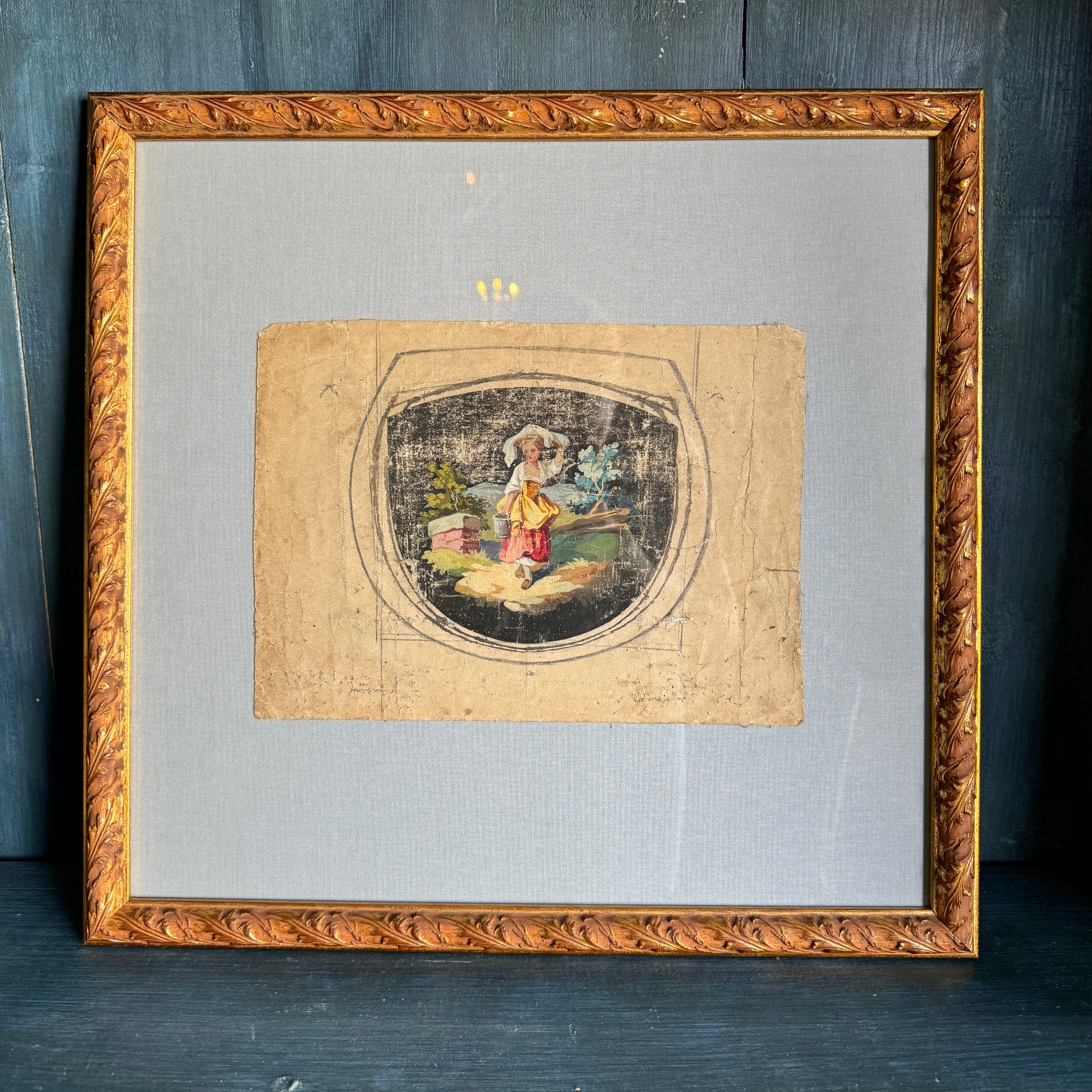 Framed 19th-Century Aubusson Cartoons on Pale Blue Linen Mat