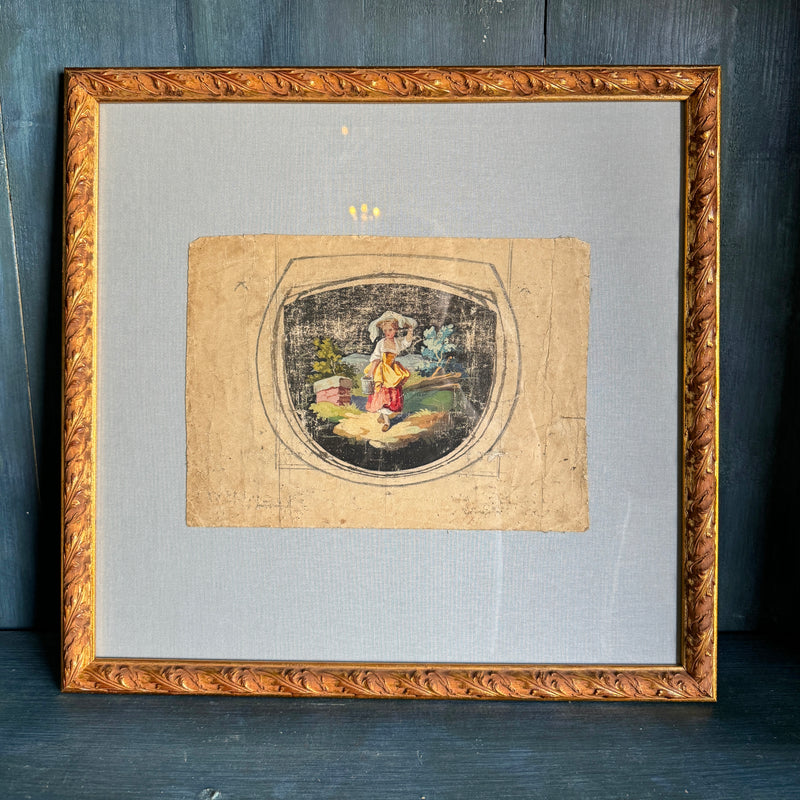 Framed 19th-Century Aubusson Cartoons on Pale Blue Linen Mat