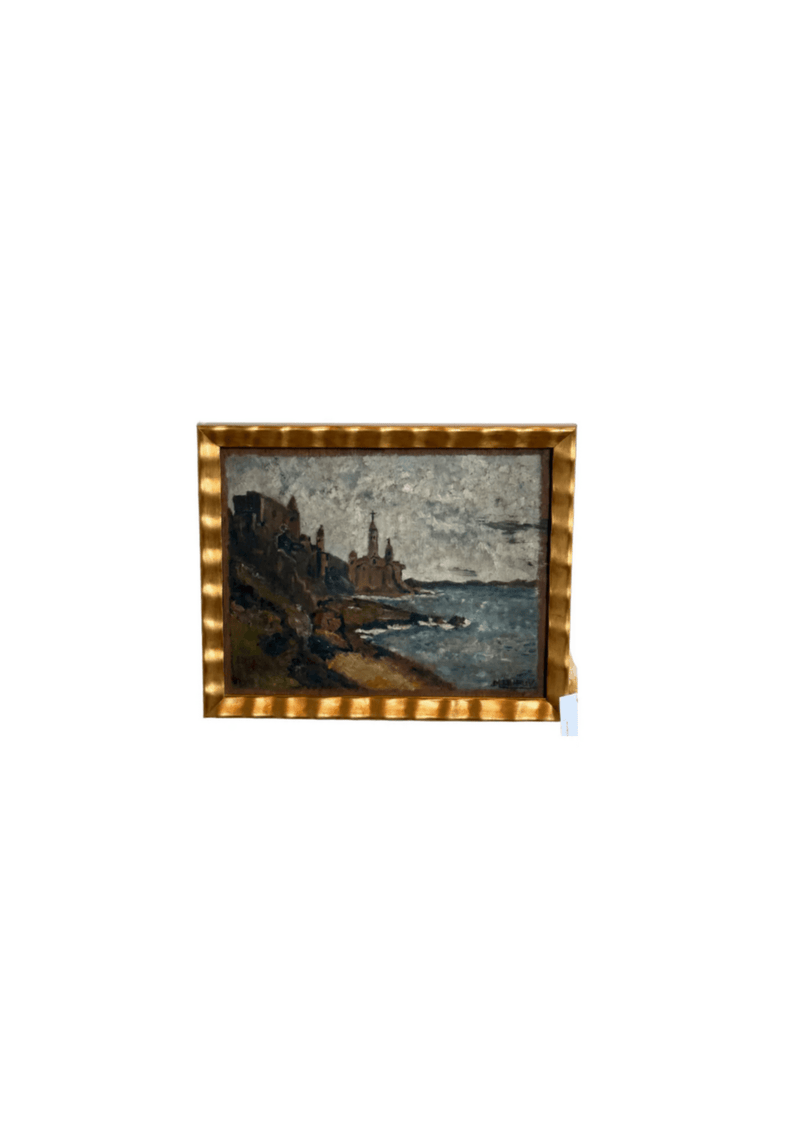 French Church on Seaside, 20th c Oil Painting