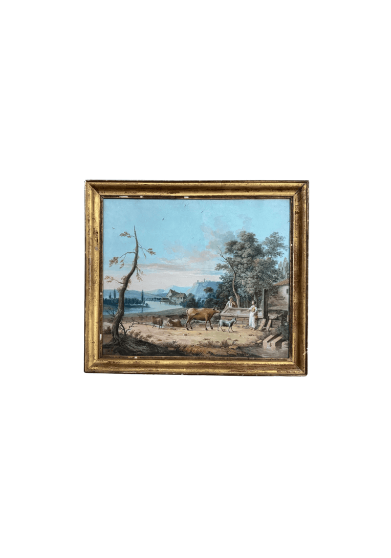 Late 18th C Bucolic French Pastel in Original Gilt Frame