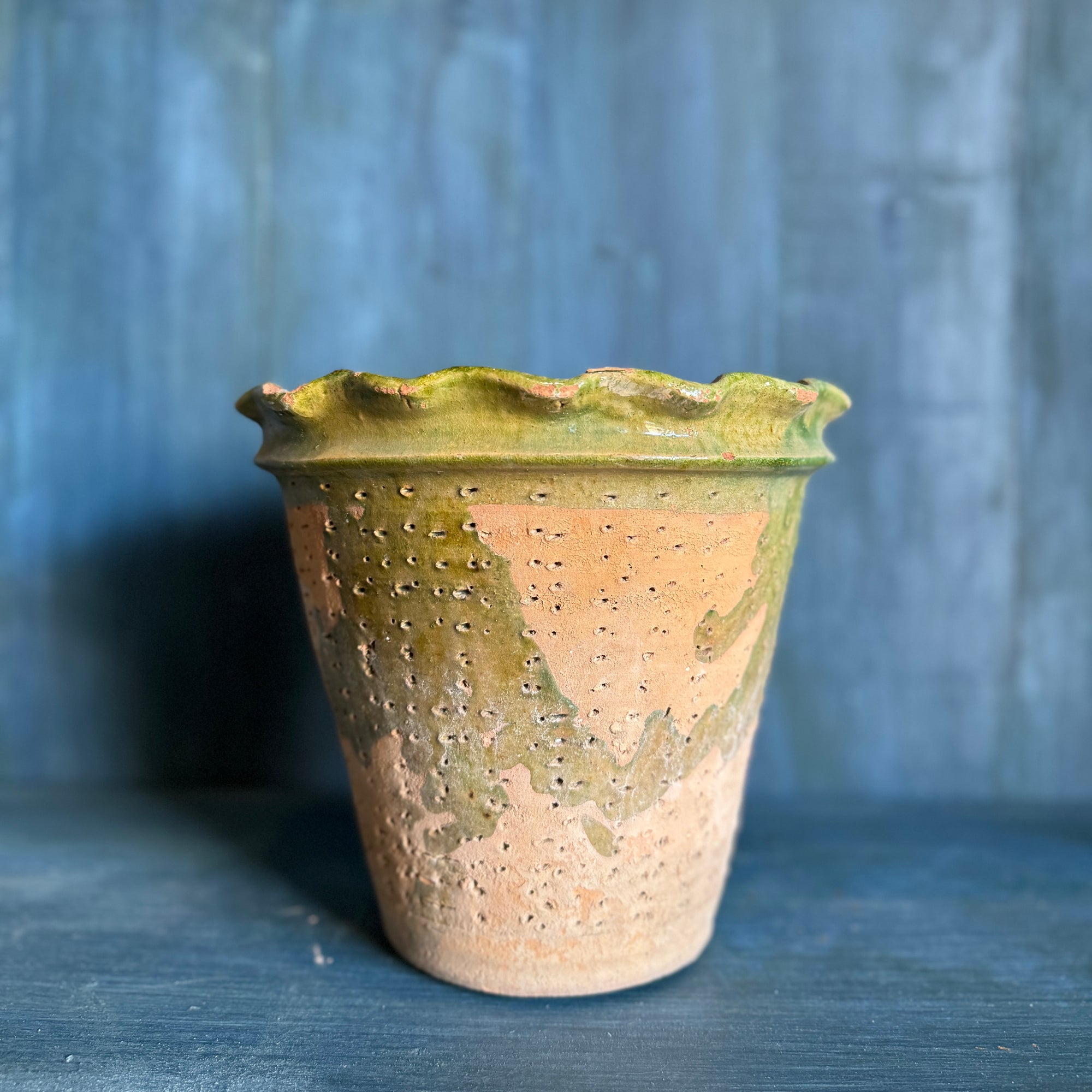 Vintage Scalloped Terracotta Pot with Green Glazed Detail